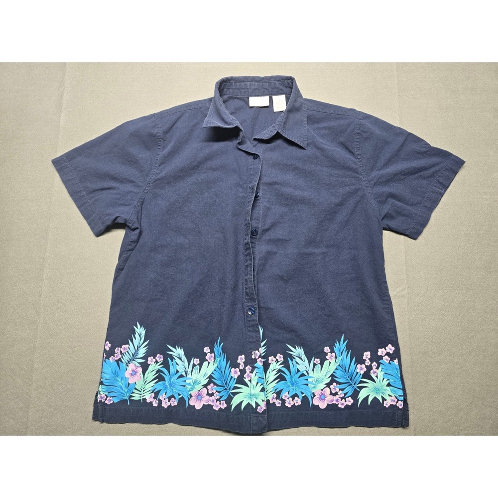 Erika Womens Navy Blue Tropical Floral Cotton Button Down Shirt Size M